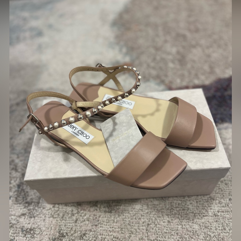 Jimmy Choo Aadra Flat Sandals 38.5, Neutral/Beige With Silver And Pearl Studs